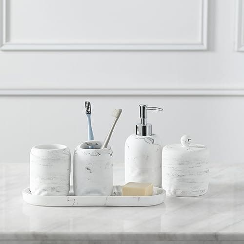 QL DESIGN Bathroom Accessories Set, 5-Piece Resin Bath Accessory Complete Set with Lotion Dispenser/Soap Pump, Cotton Jar, Tray, Tumbler and Toothbrush Holder (Marble Look) - Image 1