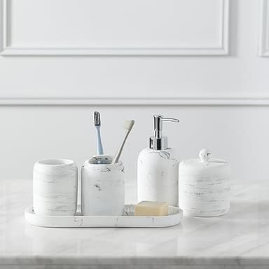 QL DESIGN Bathroom Accessories Set, 5-Piece Resin Bath Accessory Complete Set with Lotion Dispenser/Soap Pump, Cotton Jar, Tray, Tumbler and Toothbrush Holder (Marble Look) - Image 1