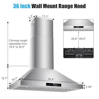 36 inch Wall Mount Range Hood, 1200 CFM with 4-Speed Gesture Sensing & Touch Control, Stainless Steel Kitchen Stove Vent Hoods with 2 LED Lights, Time Setting, Dishwasher-Safe Baffle Filters - Image 9