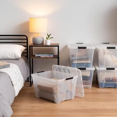 IRIS USA 54 Qt Stackable Plastic Storage Bins with Lids, 6 Pack - BPA-Free, Made in USA - See-Through Organizing Solution, Latches, Durable Nestable Containers, Secure Pull Handle - Clear - Image 4