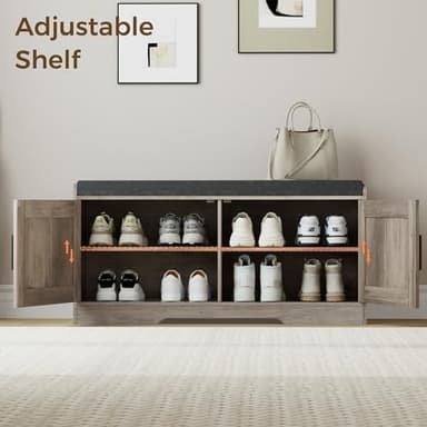 Homleke 2-Tier Storage Bench, Shoe Bench with Thickened Padded Seat Cushion, Entryway Bench with 2 Doors, Adjustable Shelf, 13.8" D x 37.4" W x 18.5" H, for Entryway, Living Room, Bedroom, Greige - Image 6