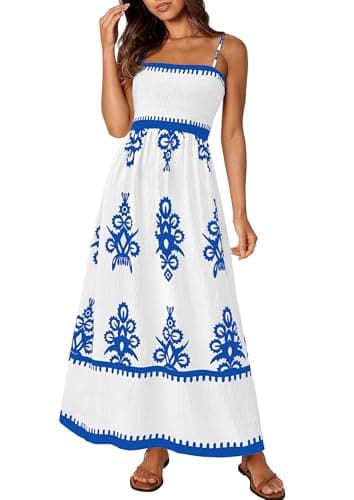 PRETTYGARDEN Summer Dress for Women 2025 Floral Sundress Spaghetti Strap Flowy Beach Vacation Boho Maxi Dresses (White Blue Floral,Small) - Image 1