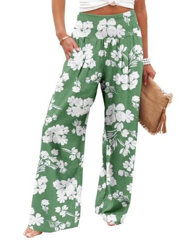 Angerella Pants for Women Ladies Casual Loose Wide Leg Cozy Palazzo Pants Comfy High Waisted Yoga Pants with Pocket GreenWhite S - Image 1