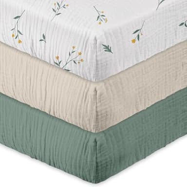 Gllquen Baby Muslin Mini Crib Sheets 3 Pack, Breathable Pack and Play Sheets Fitted Soft Cozy Cotton Pack N Play Sheets for Baby Boy Girls, Universal Fitted Mini Crib Mattresses 38"x26" (Green) - Image 9