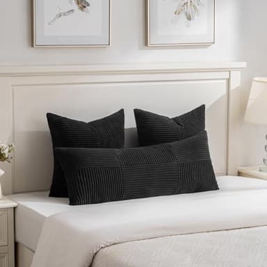 Fancy Homi Set of 2 Black Boho Long Lumbar Body Decorative Throw Pillow Cover 14x36 Inch for Bed Couch Bedroom Bench, Soft Patchwork Corduroy Textured Pillow Case, Rustic Farmhouse Room Décor - Image 2
