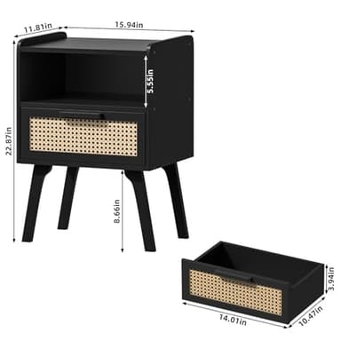 Lerliuo Rattan Nightstands Set of 2, Bedside Table with Drawer Open Shelf, Cane Accent Side End Table with Solid Wood Legs, Black Mid Century Night Stand for Bedroom, Dorm and Small Spaces - Image 3