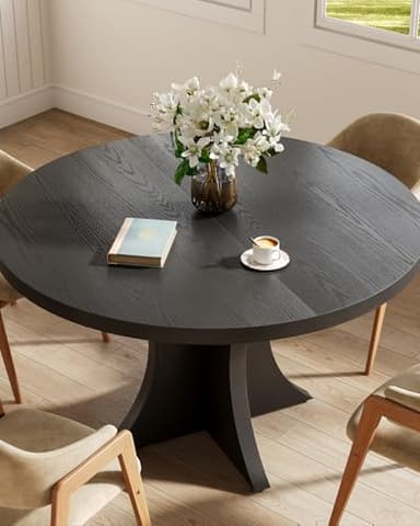 LITTLE TREE Round Dining Table for 4-6, 47.24 Inches Farmhouse Wooden Kitchen Table with Spacious Tabletop for Dining Room, Black - Image 7