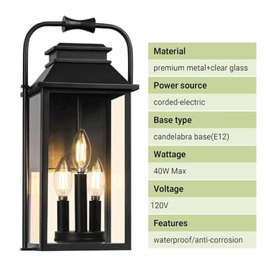 [Upgraded]PARTPHONER Outdoor & Indoor Light Fixture, 3-Lights Front Porch Light Fixtures with E12 Sockets & Glass Shade Anti-Rust Waterproof Black Wall Mount Lantern Sconce for House Gate Garage Patio - Image 5