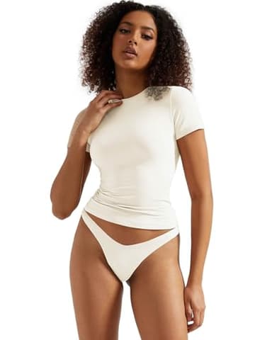 SUUKSESS Women Double Lined Fitted Basic Tee Shirts Crew Neck Short Sleeve Y2K Going Out Crop Tops (Pearl, S) - Image 4