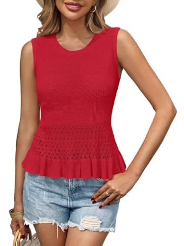 Saodimallsu Womens Crochet Crop Tank Tops Sleeveless Crew Neck Ruffle Summer Boho Knit Sweater Vest Red - Image 1