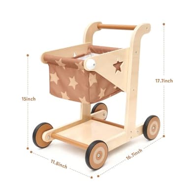 Asweets 2 in 1 Wooden Baby Walker Push and Pull Doll Stroller, Shopping Cart Learning Walker for Boys and Girls, Sit Stand Learning Toddler Toy (Brown) - Image 4