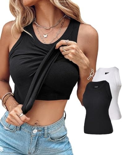 CHICME 2 Piece Built in Bra Tank Tops for Women Ribbed Tank Top Fitness Racerback Workout Tops Black White-L - Image 1