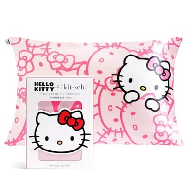 Kitsch x Hello Kitty (Pink Kitty Faces) - Satin Pillowcase with Zipper for Hair and Skin, Softer Than Silk Pillow Case, Cooling Pillow Cover, Machine Washable, Queen/Standard (19x26) - Image 1