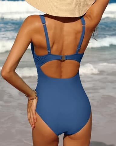 Charmo Womens One Piece Swimsuit Ruched Tummy Control High Cut Backless V Neck Bathing Suits Swimwear Blue Gray Large - Image 2