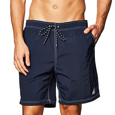 Nautica Men's Standard Solid Quick Dry Classic Logo Swim Trunk, Navy, Large - Image 1