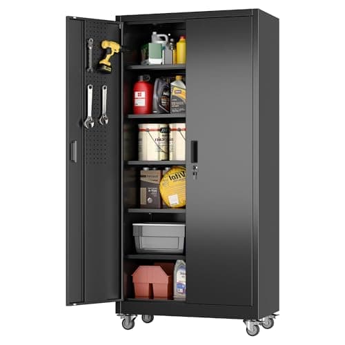 Aobabo Upgraded Garage Storage Cabinets with Wheels,Metal Storage Cabinets with 5 Adjustable Shelves for Garage Home Office Storage, Black,71''H*34''W*18''D,Assembly Required - Image 1