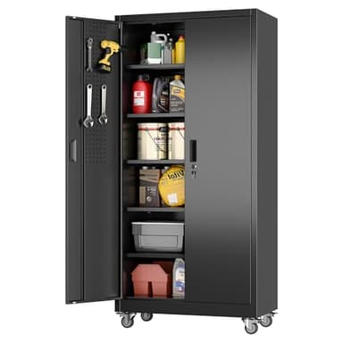 Aobabo Upgraded Garage Storage Cabinets with Wheels,Metal Storage Cabinets with 5 Adjustable Shelves for Garage Home Office Storage, Black,71''H*34''W*18''D,Assembly Required - Image 1