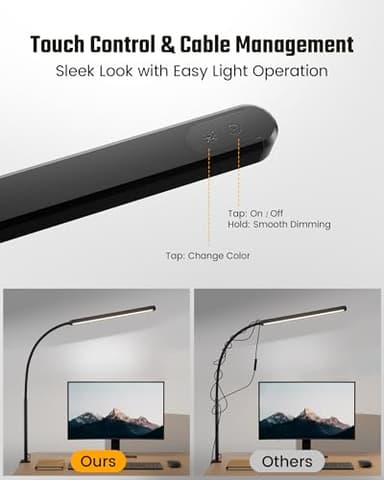 SUPERDANNY Eye-Caring LED Desk Lamp 360° Flexible Gooseneck Work Lamp with Desk Side Clamp Touch Control 3 Light Colors Smooth Dimming Task Lighting Reading Light for Home Office College Dorm, Black - Image 4