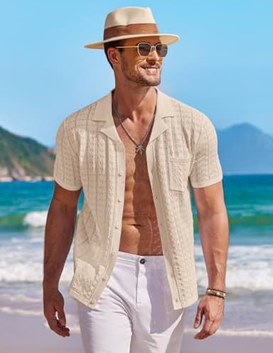 COOFANDY Men's Knit Button Down Shirt Short Sleeve Vintage Polo Shirts Summer Casual Beach Tops Light Khaki - Image 2