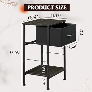 WLIVE Night Stand Set 2, Black Nightstand with Fabric Storage Drawer and Open Wood Shelf, Nightstand Set of 2 with Steel Frame, Side Table for Bedroom, Dorm, Charcoal Black, 25.03" Height - Image 3