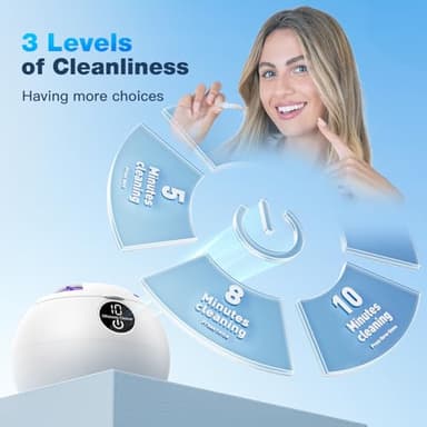 Ultrasonic Retainer Cleaner Machine,45kHz Ultrasonic Cleaner,UV Lamp 360°Cleaning for Dentures,Mouth Guard,Jewelry,Braces,Toothbrush Heads with 200 ML Dental Cleaning Pod, 3 Modes,White - Image 7
