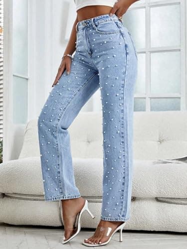 Kedera Women Pearls Beaded Flare Leg Jeans Loose Fit Stretchy Casual Straight Jeans Denim Trousers - Image 6
