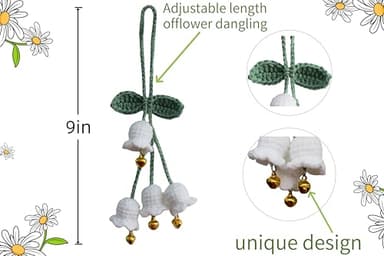 Aiouclay Handmade White Lily of The Valley Car Charm - Knitted Floral Rearview Mirror Pendant & Keychain for Women, Mothers Day Gifts, Home & Auto Decor (Elegant White, Adjustable Length) - Image 4