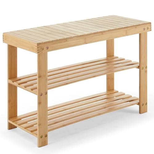 Sweetcrispy Shoe Rack Bench, 3-Tier Bamboo Entryway Storage Organizer, 286lb Capacity, Shoes Stand for FrontDoor Entrance, Bedroom, Living Room, Bathroom, Balcony, 11.3 x 27.6 x 17.8 Inches, Wood - Image 1