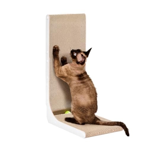 EHEYCIGA Cardboard Cat Scratcher for Indoor Cats, 26.8 Inch L Shaped Vertical Cat Scratching Board with Ball Cat Toy, Large Cat Scratcher Pad, White - Image 1