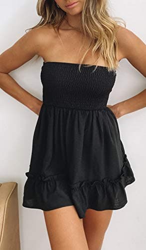 Tsher Tube Top Dress for Women Summer Solid Strapless Mini Dresses, Off The shoudle Ruffle Beach Dress (S, Black Strapless Mini Dresses)… - Image 2