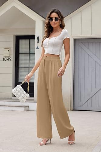 KICZOY Women's Wide Leg High Waist Pants Loose Fit Back Elastic Waist Pleated Front Trousers for Work Casual Khaki - Image 2