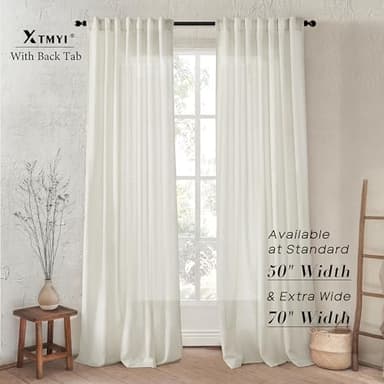 108 Inch Linen Curtains 2 Panels,With Heading Tape Hooks for Track System Back Tab,Stone Washed Cotton Flax Weave Sheer Extra Long Curtain for Living Room Bedroom,9FT 9 FT,Cream(Ivory/Off White) - Image 2