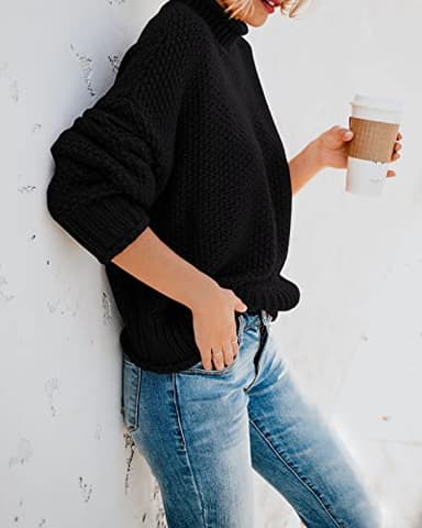 Saodimallsu Womens Turtleneck Oversized Sweaters Batwing Long Sleeve Pullover Loose Chunky Knit Jumper (Large, Black) - Image 3