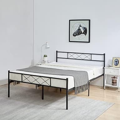VECELO Queen Metal Platform Bed Frame with Headboard & Footboard, Steel Slats Mattress Foundation, No Box Spring Needed, Dark Black - Image 3