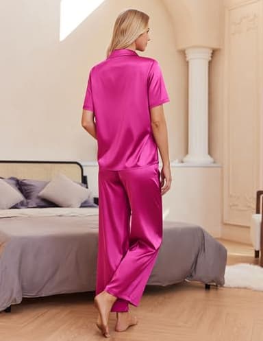 Ekouaer Silk Pajamas for Womens Set 2 Piece Satin Pjs Soft Button Down Sleepwear Wide Leg Long Pants with Pockets Hot Pink - Image 4