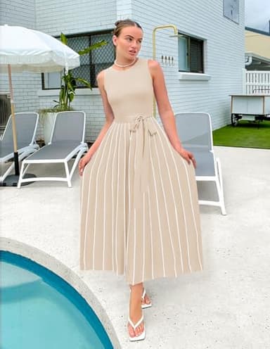 ZESICA Women's Summer Spring Midi Dress 2025 Sleeveless Ribbed Knit Tie Waist Casual A Line Sweater Dresses,Apricot,Small - Image 6