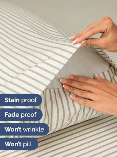 Extra Deep Split King Sheet Set - 7 Piece Breathable & Cooling Sheets - Hotel Luxury Bed Sheets Set - Easy Fit - Soft, Wrinkle Free & Comfy Sheets Set - Beige Striped Sheet Set w/Extra Deep Pockets - Image 5