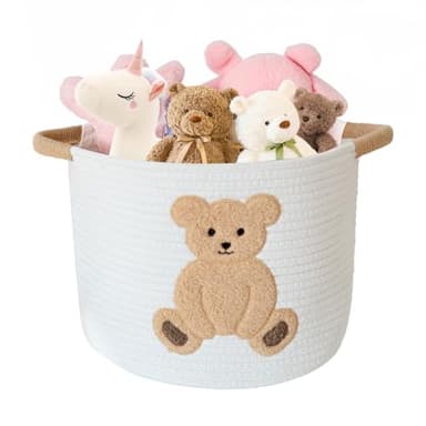 INough Cotton Rope Basket Toy Storage Baskets for kids Laundry Hamper, Gift Basket Empty Baby Shower Baskets with Handles, Cute Bins Blanket Stuffed Animal Storage for Nursery, Living Room Decor, Bear - Image 1
