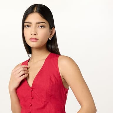 The Drop Women’s Blanca Linen Button Front V-Neck Maxi Dress, Crimson, S - Image 3