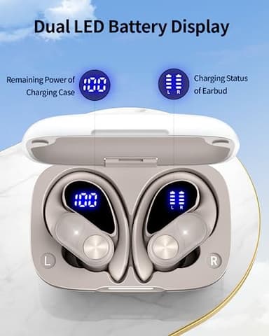 PocBuds Bluetooth Headphones Wireless Earbuds 80hrs Playtime Wireless Charging Case Digital Display Sport Ear Buds with Earhook Deep Bass IPX7 Waterproof Over-Ear Earphones for Phone Laptop Beige - Image 3