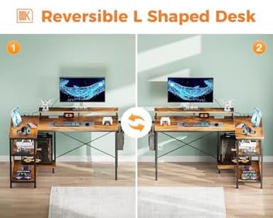 ODK 48 Inch Gaming Desk with USB Charging Ports and LED Lights, Reversible L Shaped Computer Desk with Storage Shelves & Monitor Stand, Corner Home Office Desk Table with Power Outlets, Vintage - Image 8