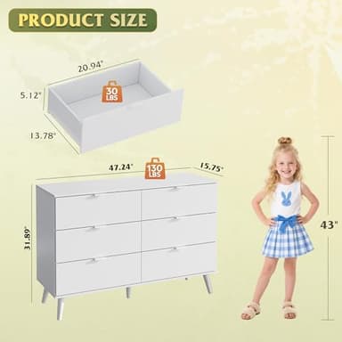 WLIVE 6 Drawer Dresser for Bedroom, 47.24'' Wide Wood White Dresser, Storage Organizer with Sturdy Metal Handle, TV Stand for 55 inch TV, Chest of Drawers for Living Room, Hallway, Closet - Image 8