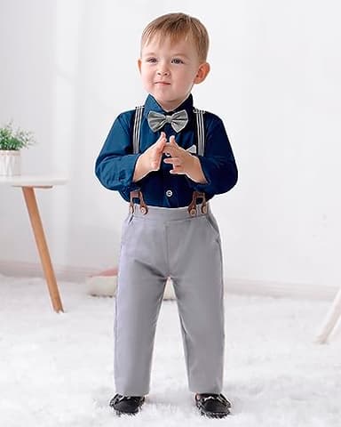 DISAUR Matching Family Outfits Long Sleeve Dark Blue Grey Dress Shirt Bow Tie Suspender Pants Boys Church Outfit 4t 5t 4-5t - Image 2