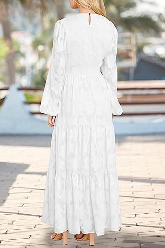 MITILLY Women's Elegant Floral Long Sleeve Round Neck Smocked A-Line Flowy Tiered Maxi Dresses with Pockets Large White - Image 3