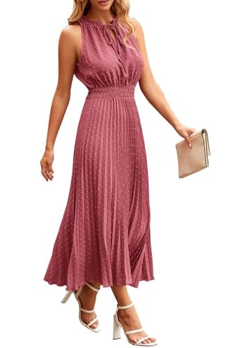 PRETTYGARDEN Women's Midi Summer Dresses Casual V Neck Swiss Dot Ruffle Sleeveless A Line Beach Sun Dress (Bean Paste Red,X-Large) - Image 1