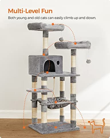 FEANDREA Cat Tree, Cat Tower for Indoor Cats, 56.3-Inch Cat Condo with Scratching Posts, Hammock, Plush Perch, Light Gray UPCT15W - Image 4