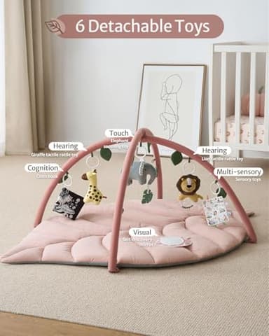 Blissful Diary Baby Play Gym & Activity Mat, Oversize Leaf Shaped Tummy Time Baby Play Mat w 6 Detachable Toys Promotes Motor Skills & Sensory Development, Newborn Infant Essentials Gift, Crystal Pink - Image 3