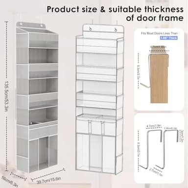 DCCDU Over The Door Organizer, 5 Tiers Hanging Nursery Storage Closet Organizer with Movable Shelf, Large Capacity Caddy, 10 Side Pockets, Back of Door for Bedroom Bathroom Dorm Decor, Grey - Image 3