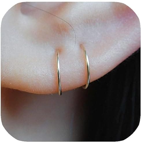 14K Gold Filled Small Hoop Earrings for Cartilage Nose, Tiny Thin 7mm Piercing Hoop Ring 22 Gauge - Image 1