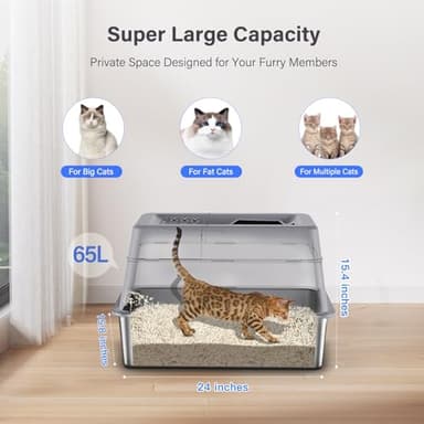 Stainless Steel Litter Box with Lid, XL Extra Large Enclosed Cat Litter Box Fits All Cats Modular Design with Flip Cover, Top Entry Metal High Sided Cat Box & Pedal & Scoop, Anti-Leakage (Grey) - Image 4